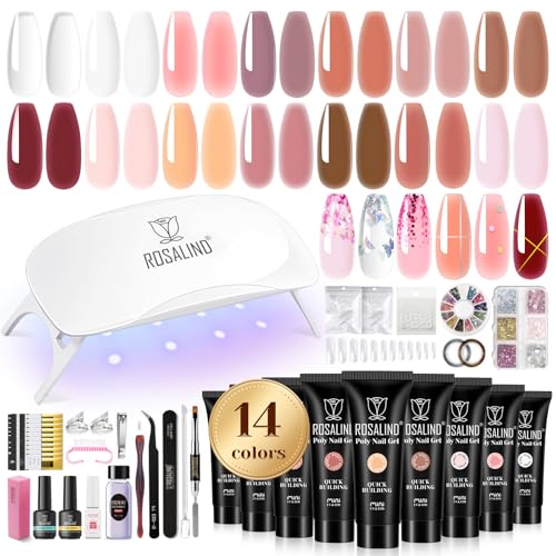 ROSALIND Poly Nail Gel Starter Kit - 14 Colors with UV Lamp & Slip Solution
