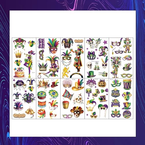 Carnival Temporary Tattoos - 10 Pack Masks, Crowns & Feathers