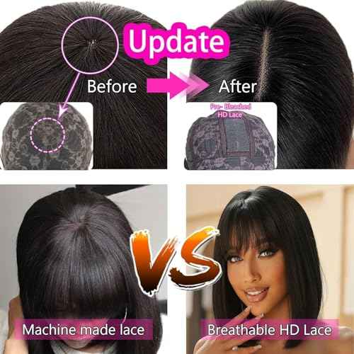 CORDELIA Bob Wig with Bangs Human Hair Wigs Glueless Wigs Straight Layered Bob Wigs with Bangs 1X3 Transparent Lace Bob Wigs Black for Women (10)