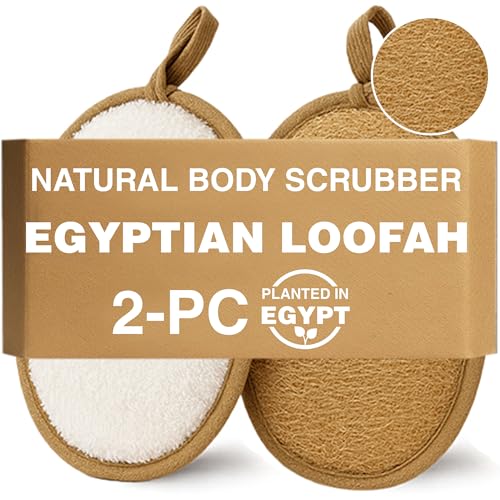 Natural Loofah Exfoliating Body Scrubber (Pack of 2) - Made from Egyptian Luffa, Gentle Bath Sponge for Men and Women - Deep Cleansing Soft Pad Dual-Sided w/Terry Cloth, Hand Strap for Shower & Spa