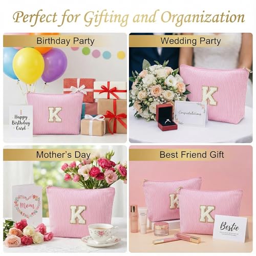24 PACK Makeup Bags Bulk-Easter Gifts/Seersucker Bulk Cosmetic Bags/Bridesmaid Proposal Gifts/Makeup Pouch for Wedding Party Favors Birthday/Teacher/Mothers Day Gifts/Toiletry Travel Bags(24, Pink)