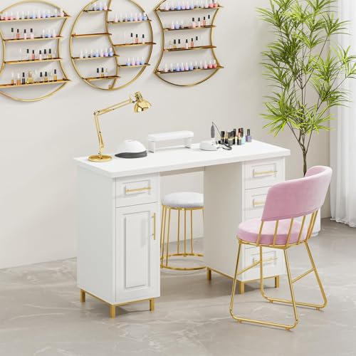 MaverickFurni 43" Nail Tech Desk White with 5 Drawers
