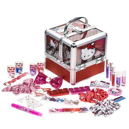 Hello Kitty Train Case Cosmetic Makeup Set Includes Lip Gloss, Eye Shimmer, Nail Polish, Hair Accessories & More! For Girls, Ages 6+ Perfect for Parties & Makeovers by Townley Girl