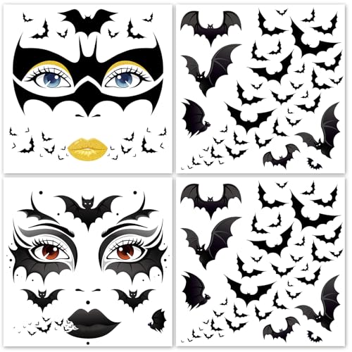 Halloween Bat Face Tattoos - 4 Sheets Temporary Tattoo Stickers