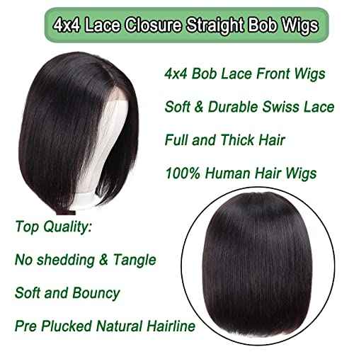 Bob Wig Human Hair Straight Bob Lace Front Wigs 4x4 Hd Transparent Lace Closure 12 Inch Brazilian Virgin Short Bob Wigs for Black Women Pre Plucked with Baby Hair Natural Color
