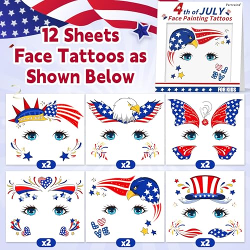 Patriotic Temporary Tattoos for Kids, 12 Sheets 4th of July Face Stickers