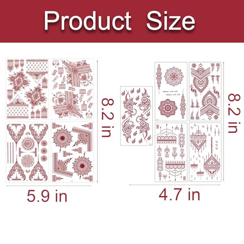 Brown Temporary Tattoo Stickers, 9 Sheets Red Brown Waterproof Tattoo Stickers for Women Wedding Party Festival Lotus Mandala Flower Temporary Tattoos