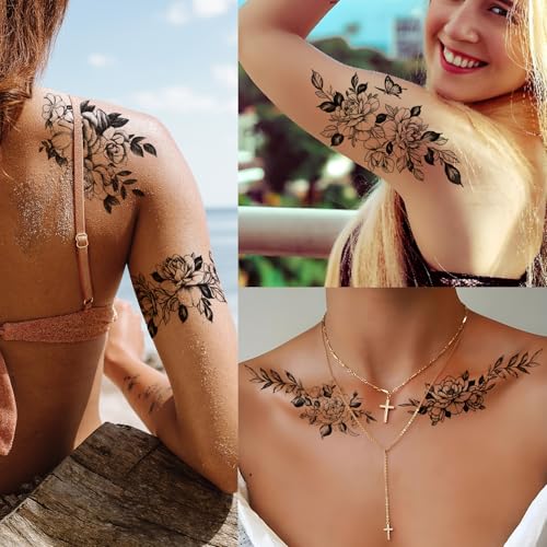 Black Flower Butterfly Temporary Tattoos for Women Girls, 10Sheets Large Waterproof Arm Adults Fake, Realistic That Look Real Last Long Tattoo Stickers Party Favors Supplies Gifts