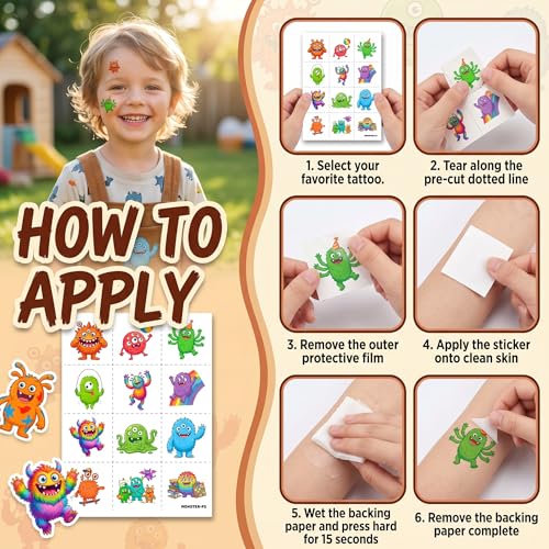 96 PCS Cute Monster Temporary Tattoos for Kids