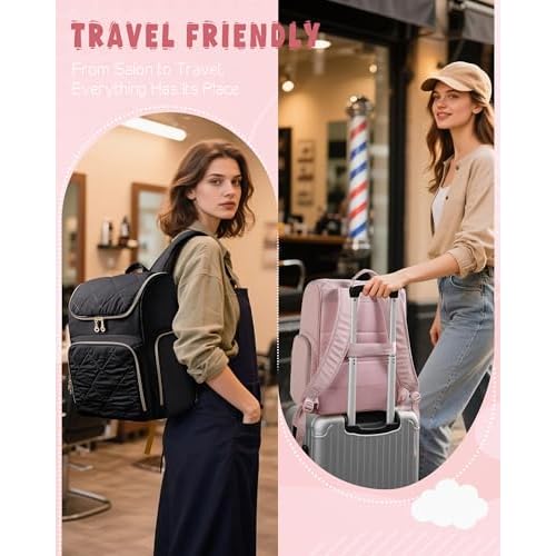 Insulated Hairstylist Travel Bag Backpack with Detachable Dividers and Multiple Pockets, Quilted Hair Tool Travel Bag with Multiple Pockets for Hairstylist and Barber, Pink