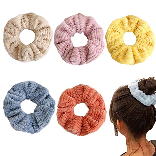 Large Furry Faux Rabbit Fur Hair Scrunchies for Women Fuzzy Fur Hair Ties Artificial Fur Hair Bobbles Towel Scrunchies for Hair Drying Microfiber Plaid Hair Scrunchies for Wet and Dry (5 Pcs A)