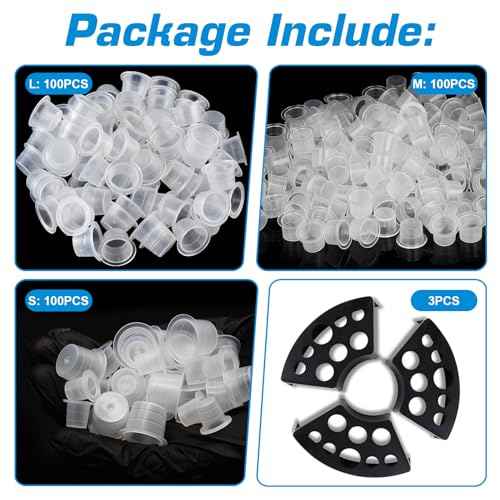 Rayyl 300Pcs Tattoo Ink Caps with 3Pcs Tattoo Ink Cups Holders - Included 100 Small 100 Medium 100 Large Tattoo Ink Caps and 3Pcs Ink Cups Holders for Tattoo Supplies Tattoo Kit¡¦