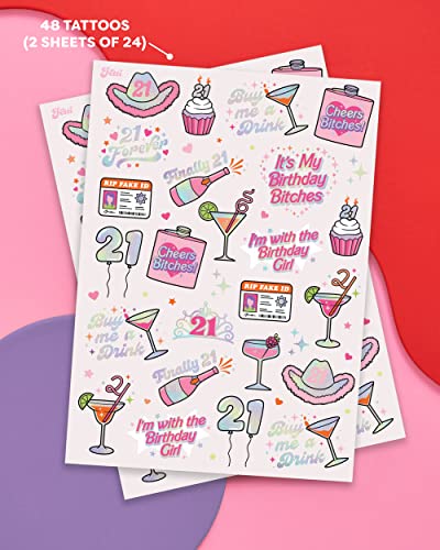 21st Birthday Party Temporary Tattoos - 48 Metallic Tats