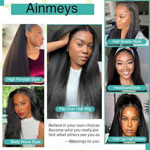 Ainmeys Kinky Straight U Part Wigs 200% Brazilian Yaki Straight Upgrade U Shape Human hair Wigs With Drawstring for Women No leave out wear and go Glueless Clip In Half Wigs (26IN)