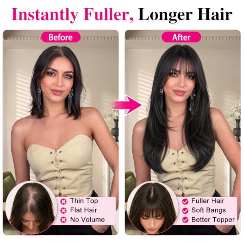 Hair Topper for Women 20" with Bangs, Black Brown for Thinning Hair