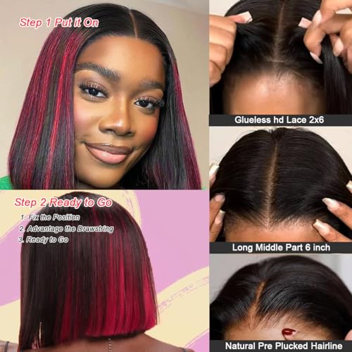 PRIMELACE 210% Density Glueless 8" Bob Wig - Burgundy Ombre, 12A Brazilian Virgin Hair