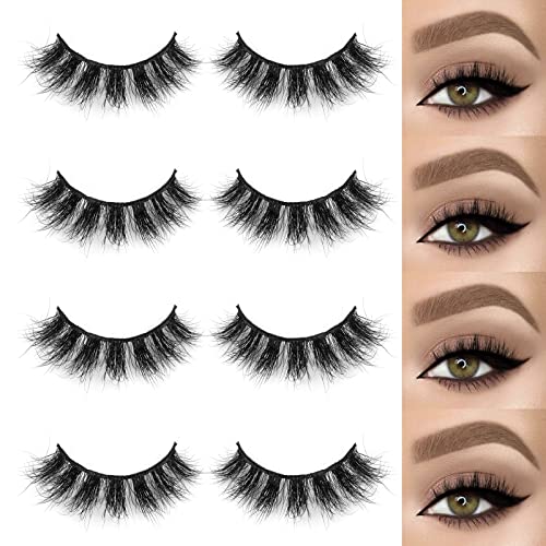 SY LASHES 15mm 3D Real Mink Lashes Natural Look Cat Eye False Eyelashes Wispy Short Fake Eye Lashes Fluffy Luxury Volume 5D Strip Eyelashes (Lucky04, 4 Pairs)