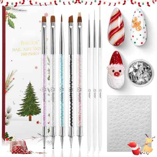 Beetles Christmas Nail Art Brushes 8pcs ? Crystal Christmas Nail Art Tools 5pcs Double-ended Nails Dotting Tool, 3pcs Striping Liner Brushes for Nails with Charms and Stickers Manicure Design Tools