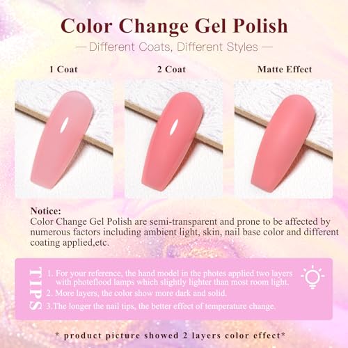 MEET ACROSS Color Changing Gel Nail Polish Set, 6 PCS Glitter Mood Temperature Change Gel Polish, Thermal Nail Gel Soak Off Long Lasting Manicure Color Changed Kit