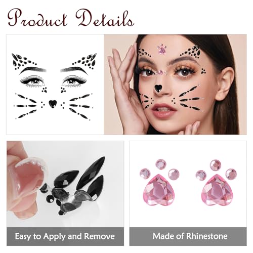 Cat Face Gems Stickers - Reusable Face Jewels for Parties