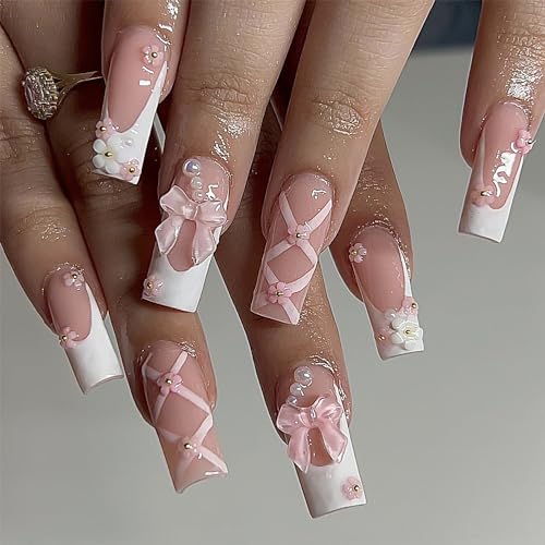 French Tip Press on Nails Medium Square Fake Nails Pink False Nails with Rhinestone Bling 3D Flower Designs Acrylic Nails Full Cover Reusable Stick on Nails Glossy for Women 24pcs