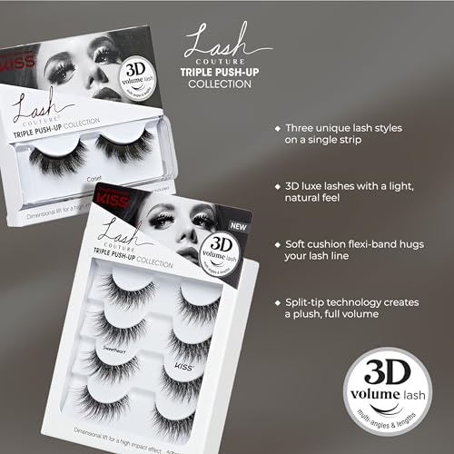KISS Triple Push-Up, False Eyelashes, 'Teddy', 12mm, Includes 1 Pair Of Lash, Easy to Apply, Reusable Lash Clusters