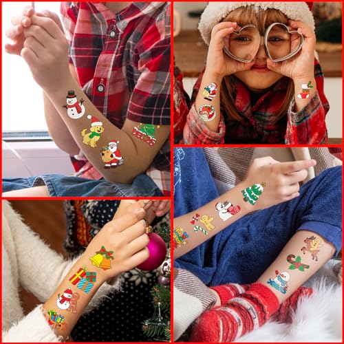 PARTYWIND 204 PCS Christmas Tattoos for Kids, Christmas Stocking Stuffers for Kids, Xmas Stickers Decorations Party Favors for Girls Boys, Christmas Goodie Bags for Classroom Prizes