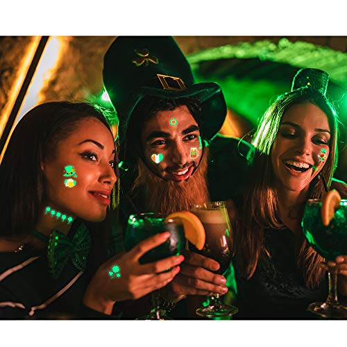 St Patricks Day Temporary Tattoos, 10 Sheets Glow Saint Patricks Day Accessories Decorations for Boys and Girls, Irish Shamrock Luminous Stickers