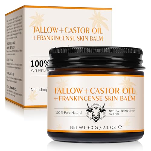 Tiuedu Tallow, Castor Oil and Frankincense Oil Skin Balm, 100% Grass-Fed Tallow for Face & Body Moisturizer, Deep Moisturizing Cream, Moisturizer for Dry, Cracked Skin, All Skin Types