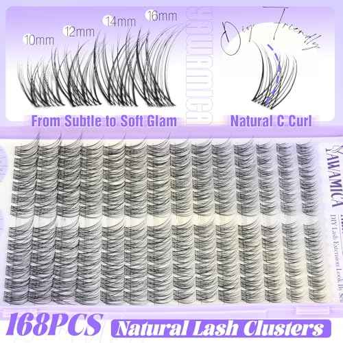 Natural Lash Clusters Wispy Eyelash Clusters Invisible Band Cluster Eyelash Extensions C Curl Individual Lashes 10-16mm DIY Cluster Lashes with Wide Clear Band for Easy Quick Application by Yawamica
