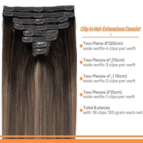 Balayage Clip in Hair Extensions Real Human Hair Straight Highlight Human Hair Clip ins for Women, Natural Soft Remy Human Hair, 8Pcs 120g, 18inch #2/6/2 Balayage Dark Brown to Chestnut Brown