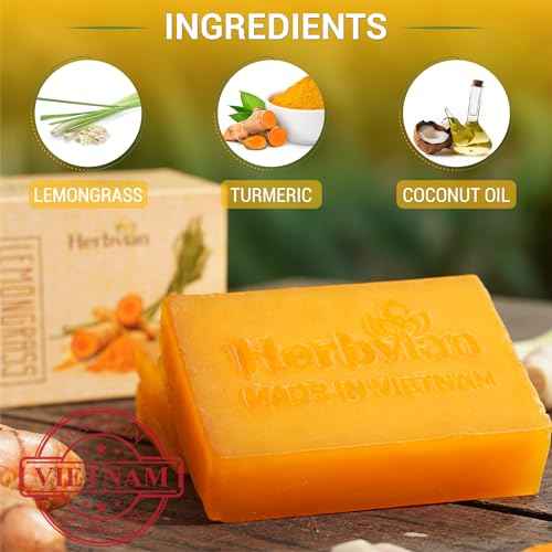 100% Natural Turmeric Soap Bar for Face and Body, Warmth Lemongrass Mosquito Repellent Soap, Vietnamese Back Acne Bath Body Soap, Anti-Acne Cleansing Healthy for All Type Skins (Pack 2)