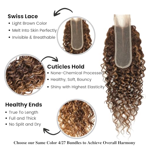 ALHER Long Deep Part 2x6 Closure Water Wave Honey Blonde Highlight, Ombre Brown and Blond Wet and Wavy 2x6 Kim K Lace Closure Pre Plucked With Baby Hair, #P4/27 Color Real Human Hair Closure 12 Inch