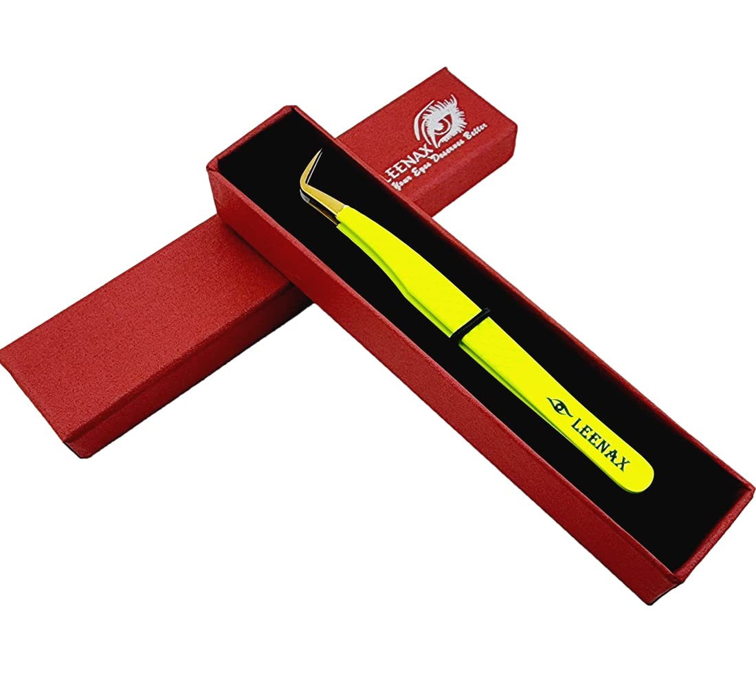 Leenax Special Edition Fiber Tip Mega Volume Tweezer , Anti- Slip Fiber Tip, Fine Tip 15mm ,30 D - 35 D , Japanese Stainless Steel ( Fluorescent Yellow).