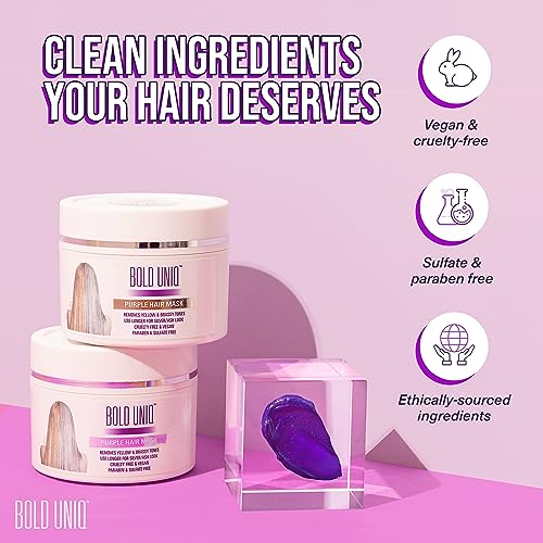 Bold Uniq Purple Hair Mask - Toner for Blonde, Platinum, Bleached, Silver, Gray, Ash & Brassy Hair -Remove Yellow Tones, Reduce Brassiness & Condition Dry, Damaged Hair -Cruelty Free & Vegan -6.76oz