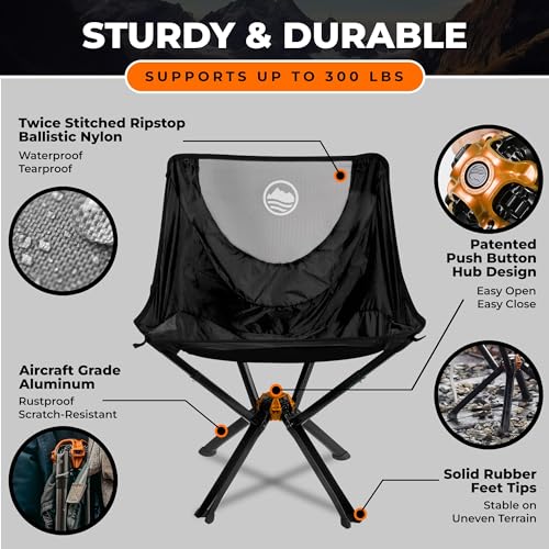 CLIQ Portable Camping Chair - Collapses to Size of Water Bottle - Lightweight Folding Chair for Camping - Outdoor Chair Supports 300 Lbs - Camp Chair Outdoor Adventures, Black