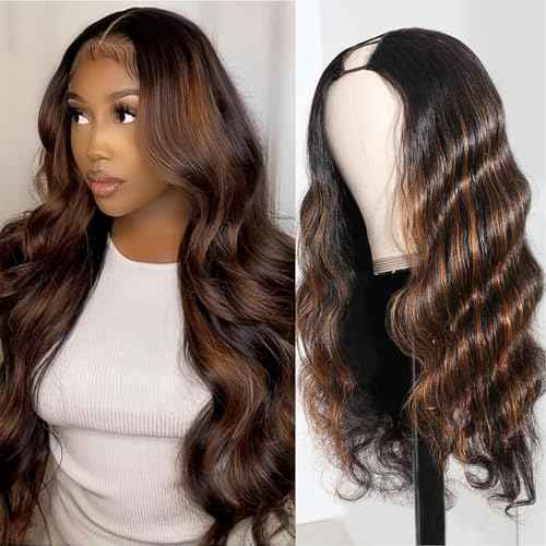 U Part Human Hair Wig Body Wave Highlight #1b/30 Ombre Brown Wig 180% Density U Part Wig Half Brazilian Virgin 100% Human Hair Wigs For Black Women Clip In Glueless No Leave Out Wig 18Inch
