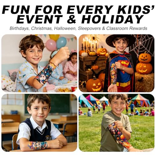 Kids Temporary Tattoo Sleeves, 12 Pc Dinosaur & Cartoon Set
