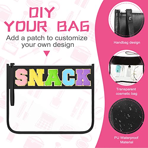 Irenare 16 Pcs Clear Makeup Bag Toiletry Flat Zipper Pouch Preppy Waterproof Clear Cosmetic PVC Pouch with Wristlet Toiletry DIY Chenille Letter Snack Bag for Women(Multi Colors)