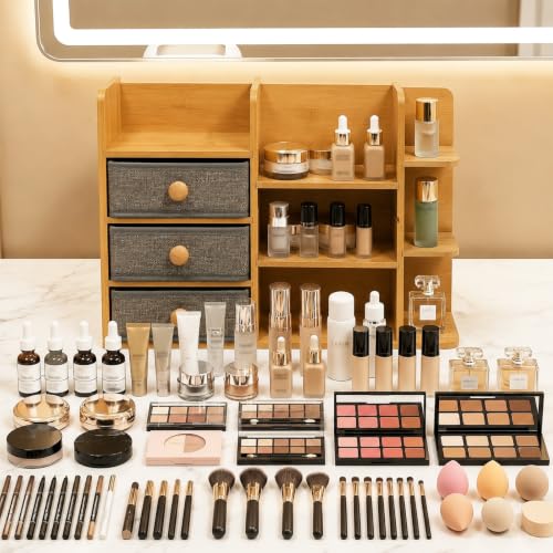X-cosrack Natural Bamboo 3-Tier Large Makeup Organizer with 3 Drawers & 10 Compartments