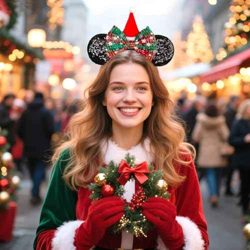 MADO Christmas mouse ear headbands for women, Christmas mini ears for adults women little girls, Xmas gifts costume accessories for women girls (xmas-black)
