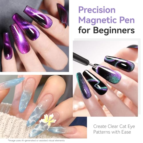 SAVILAND Purple Cat Eye Magnet Set for Nails with Double-Head & Heart Design - 5PCS