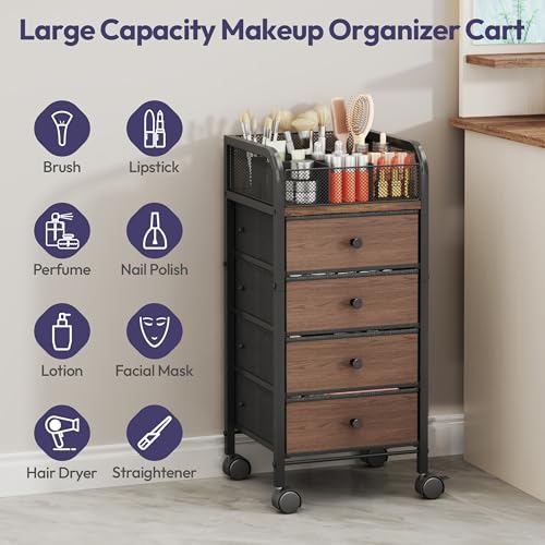 Rolling Makeup Organizer Cart with 4 Drawers & 9 Compartments