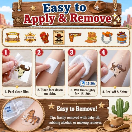 96 Cowboy Temporary Tattoos for Kids | Western Party Favors