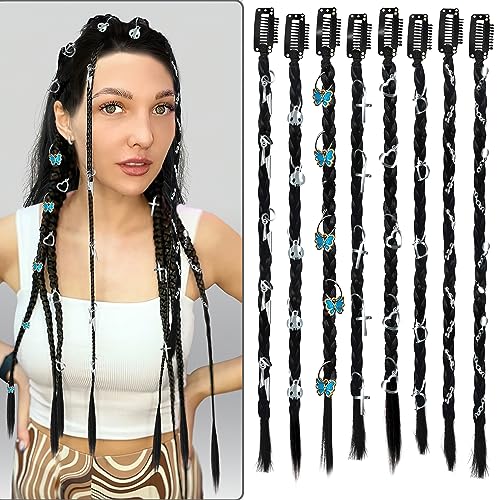 Puniae Clip in Braided Hair Extensions 8 Pcs 20" Box Braids Extensions Synthetic Hairpieces for Women Daily Wear Natural Balck