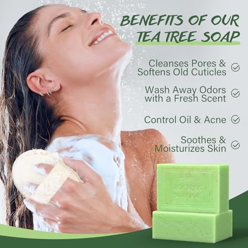 Tea Tree Oil Soap Bar for Face & Body Wash All Natural Organic Bath Soaps Acne Hand Foot Body Oder Moisturizer Plant Deodorant Facial Cleanser Women Men with Soap Holder Bag Scrubber Mesh