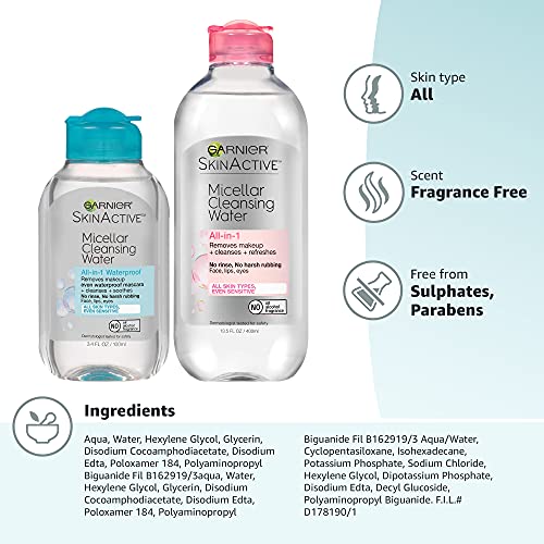 Garnier Micellar Cleansing Water, All-in-1 Makeup Remover and Facial Cleanser, For All Skin Types, 3.4 Fl Oz (100mL), 1 Count (Packaging May Vary)