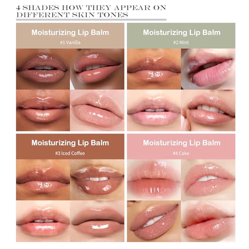 4pcs Summer Lip Balm,Hydrating Nourishing Lip Care Formula Lightweight & Non-Sticky,Moisturize and Lip Care, Gift Box for Women,Tinted Lip Balm 4 Trending Shades (Vanilla,Mint,Iced Coffee,Cake)