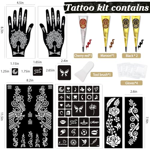 Temporary Tattoo Kit with 34 Stencils, 4 Inks & Gloves
