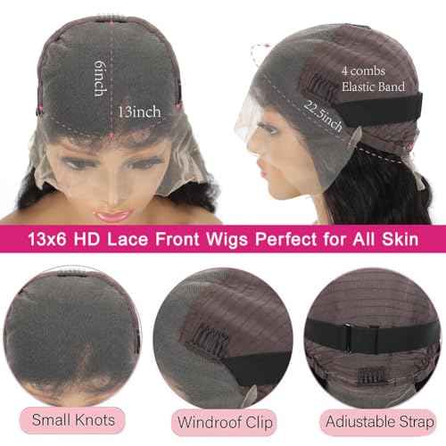 30 Inch Body Wave Lace Front Wigs Human Hair 200 Density 13x6 HD Lace Frontal Wigs Pre Plucked Glueless Brazilian Virgin Human Wig with Baby Hair Body Wave wigs for Women Natural Black